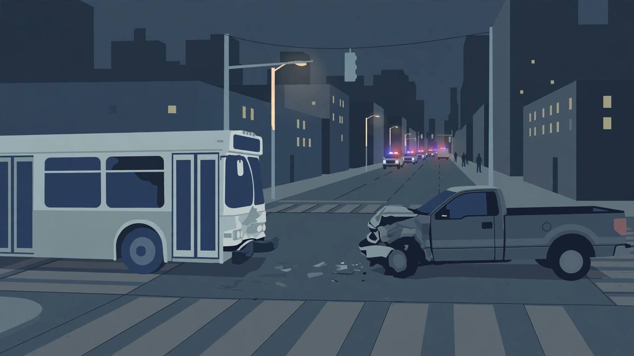Editorial illustration of a city bus and a pickup truck stopped at a dark city intersection at night, flat style, no real person depicted