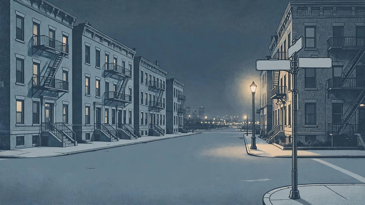 Editorial illustration of a quiet Chicago South Side street intersection at night, with brick apartment buildings and a glowing streetlamp