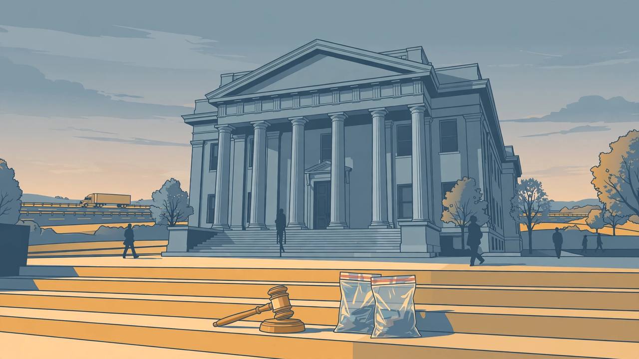 Editorial illustration of a columned American federal courthouse at dawn, with a judge's gavel and two sealed evidence bags on the steps and a semi-truck on a distant highway