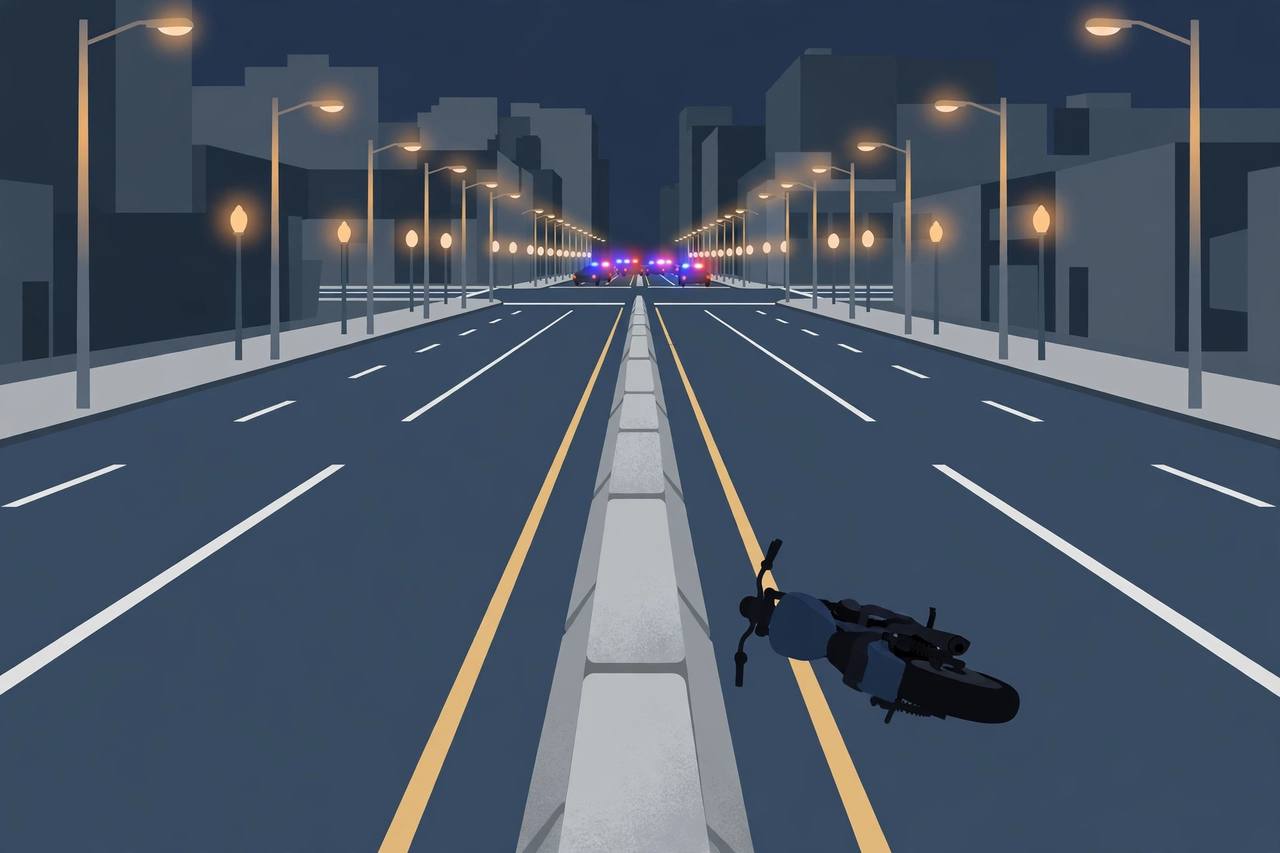 Editorial illustration of a motorcycle on its side near a concrete center median on a city avenue at night, with emergency lights in the distance, flat style, no people, no text