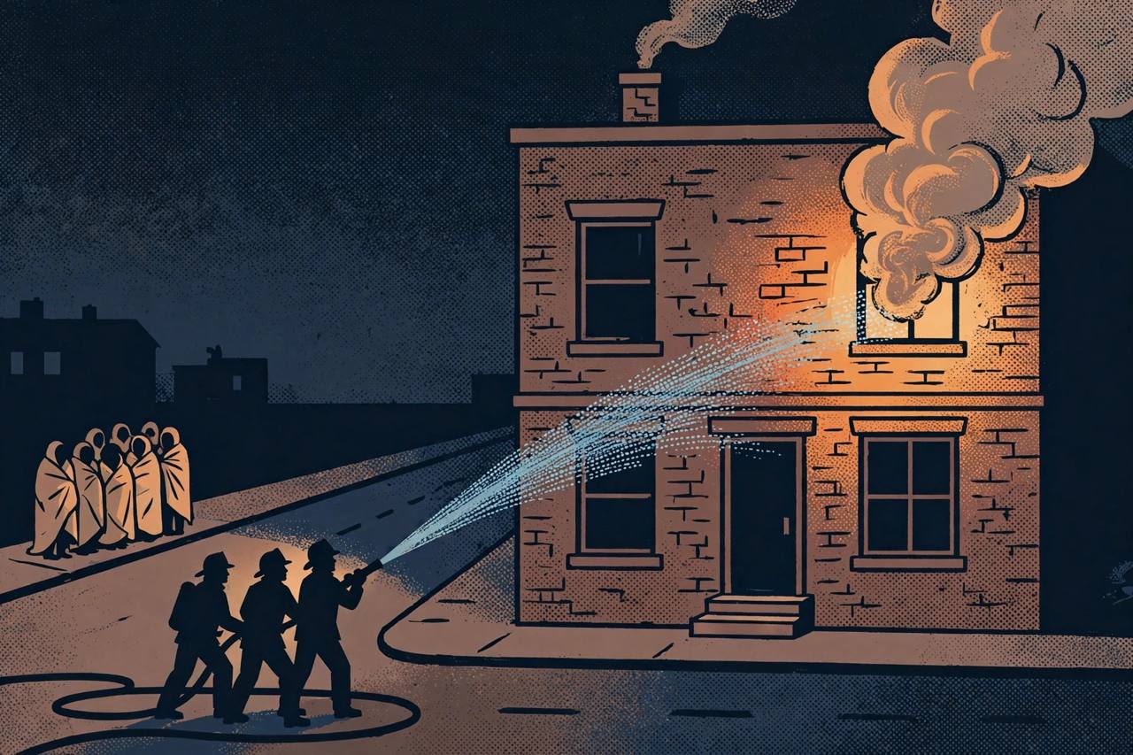Editorial illustration of an apartment building fire at night with firefighters, flat style, no real person depicted