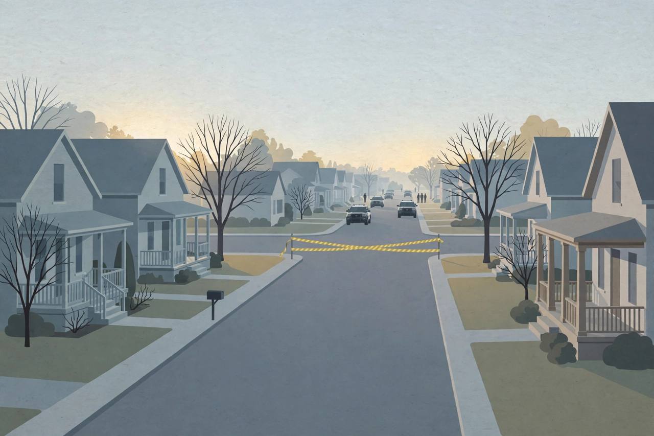 Editorial illustration of a quiet suburban Illinois street at dawn with official vehicles and a police perimeter in the distance