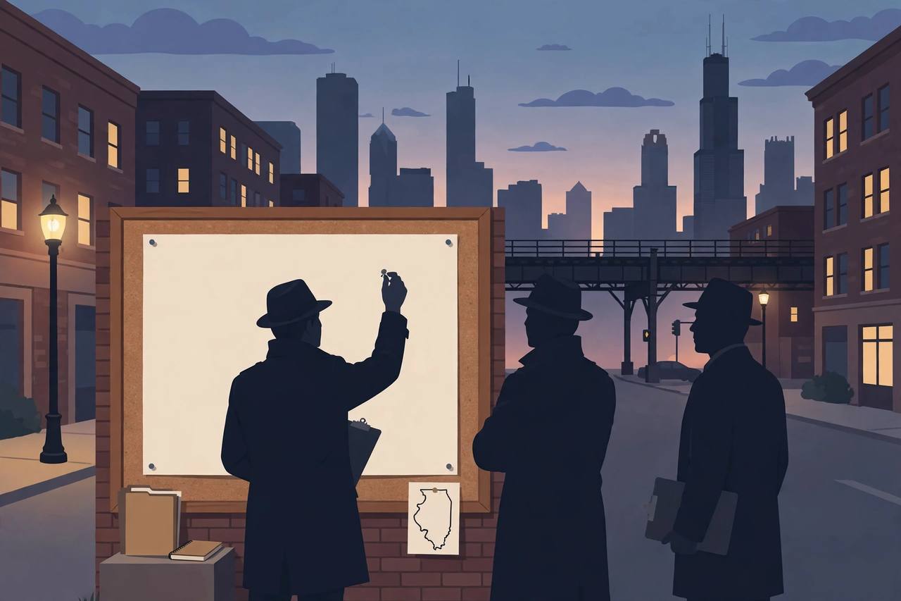 Editorial illustration of a Chicago street with a generic wanted-poster board and investigators, representing the FBI Ten Most Wanted listing