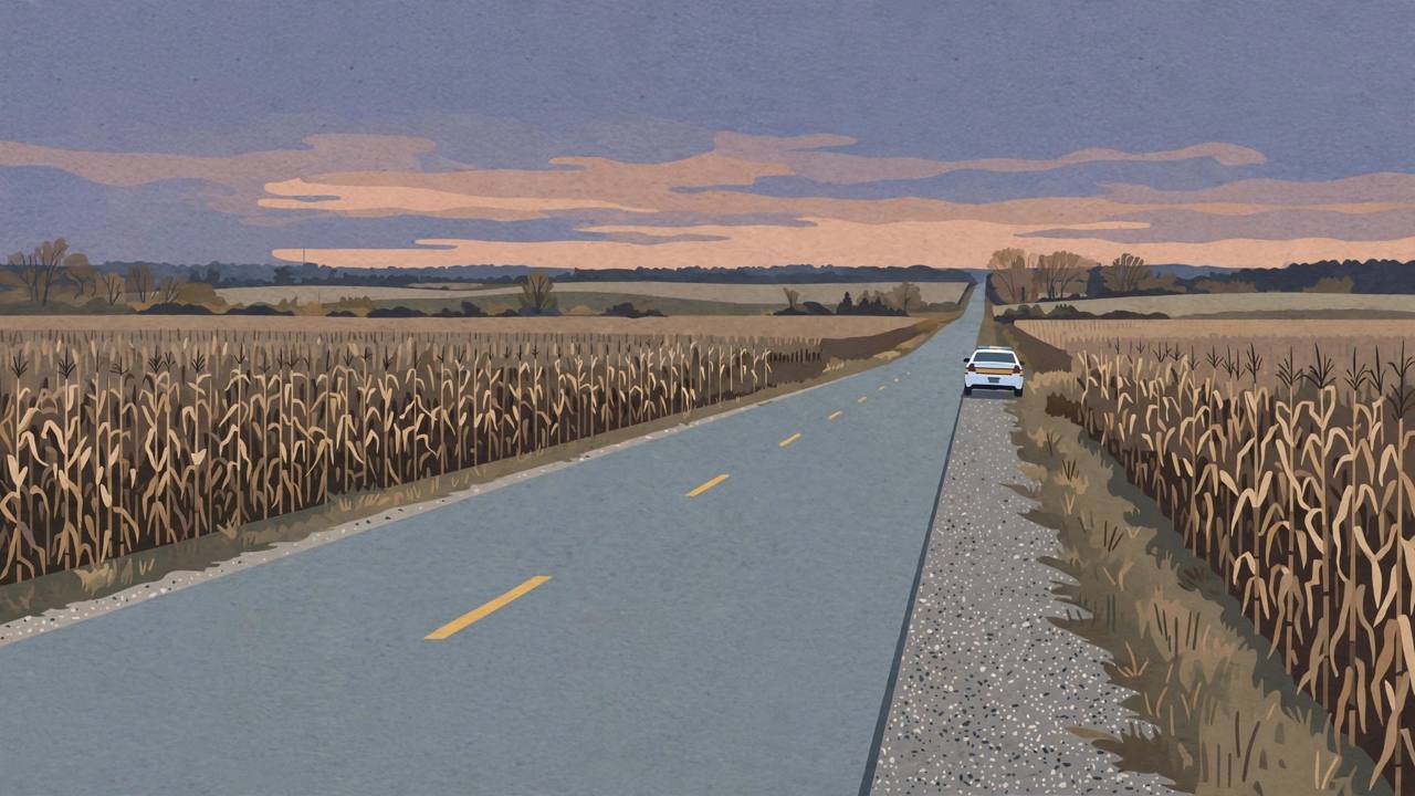 Editorial illustration of an empty two-lane rural Illinois highway at dusk between cornfields, with a police car parked on the shoulder in the distance
