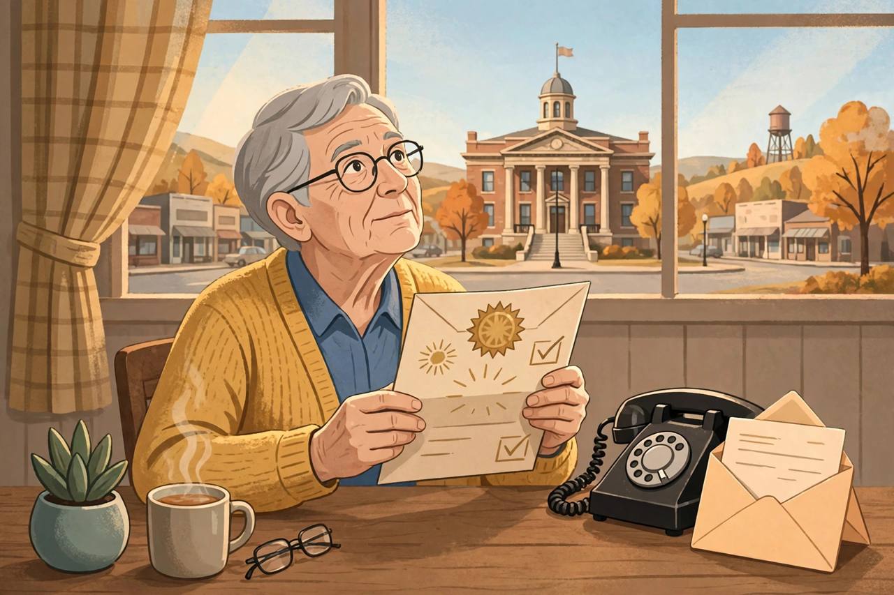 Editorial illustration of a senior at a kitchen table holding a sweepstakes prize letter, with a payment envelope and telephone beside them and a courthouse visible through the window