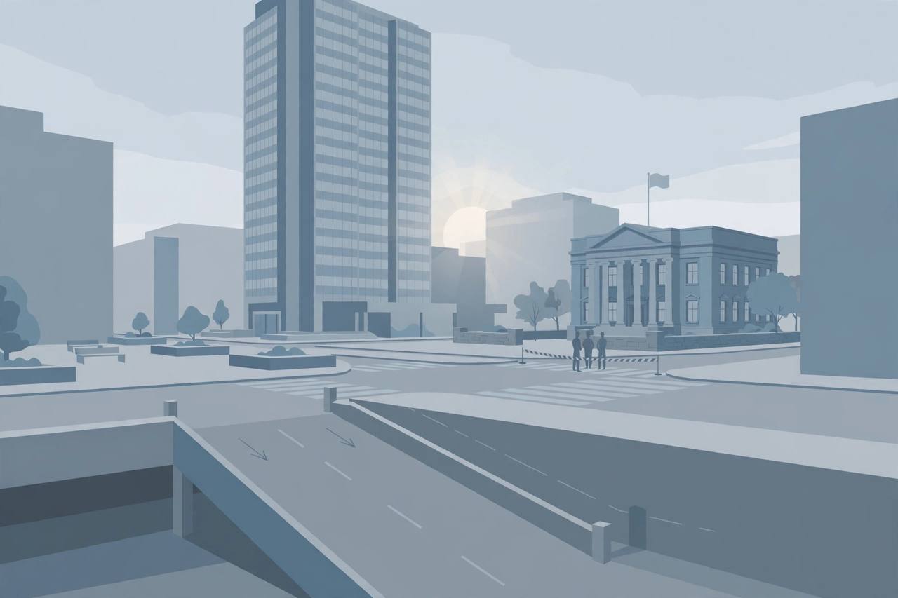 Editorial illustration of a tall downtown federal office tower and a courthouse across a plaza at dawn, with a vehicle garage ramp in the foreground and generic distant officer silhouettes near tape