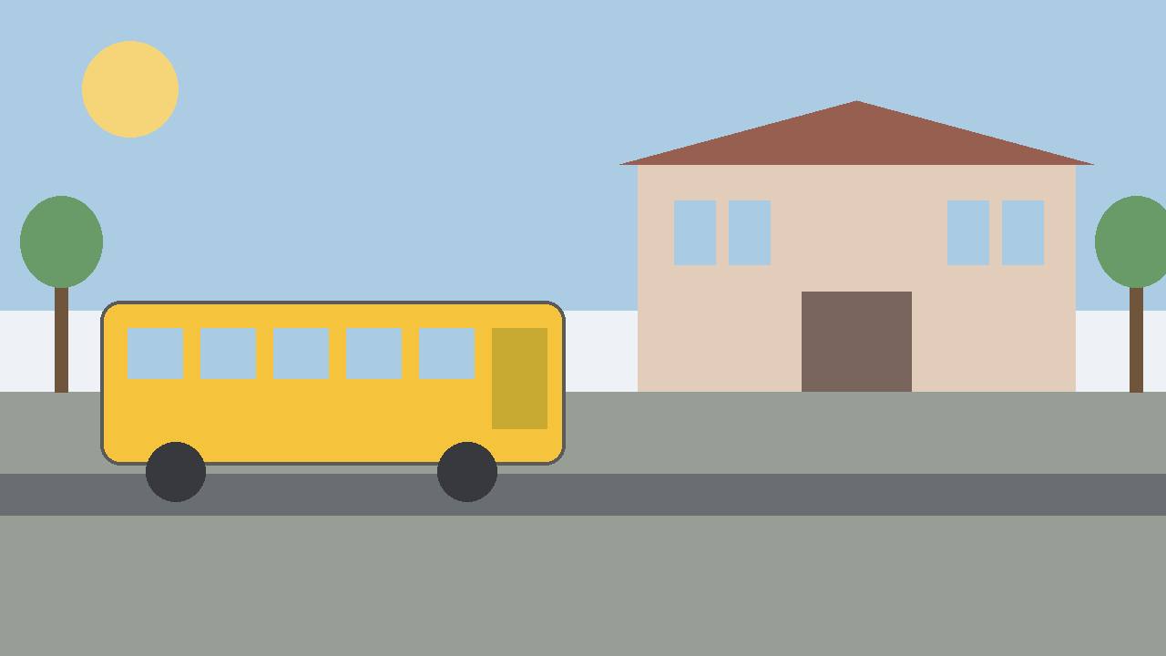 Editorial illustration of a generic school building and a generic yellow school bus, flat style, no people, no children, no text, no real place depicted