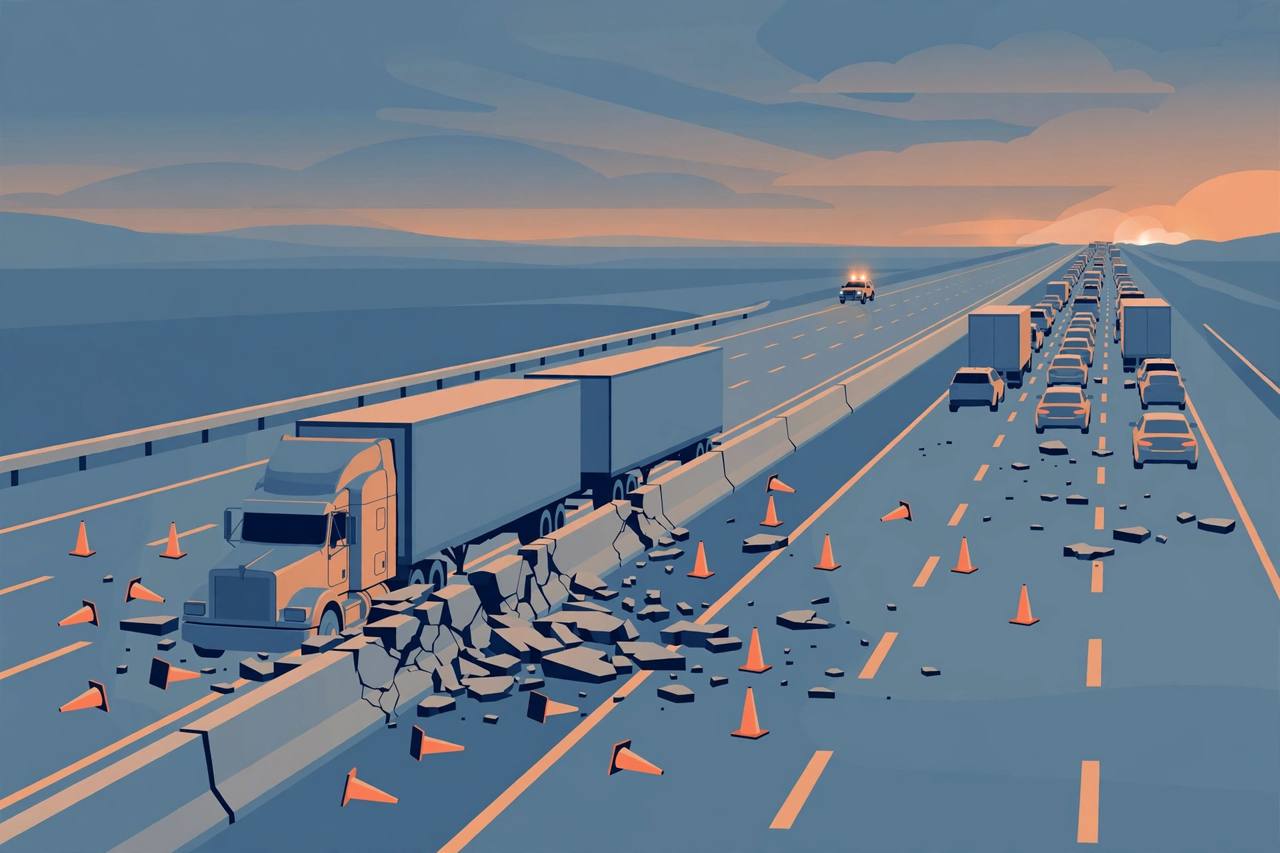 Editorial illustration of a double-trailer semi truck against a cracked interstate median barrier with debris and traffic cones, flat style, no real person depicted