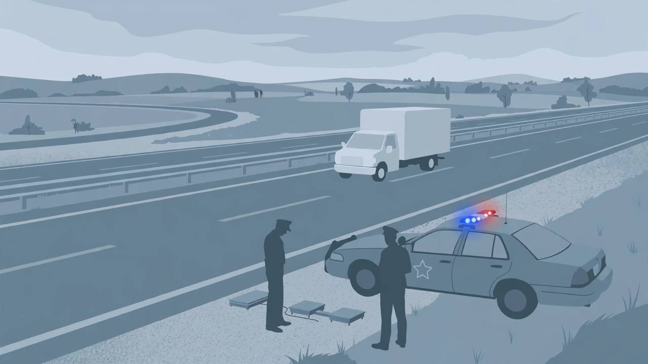 Editorial illustration of a state police car on a highway shoulder during a truck inspection as a box truck passes, flat style, no real person