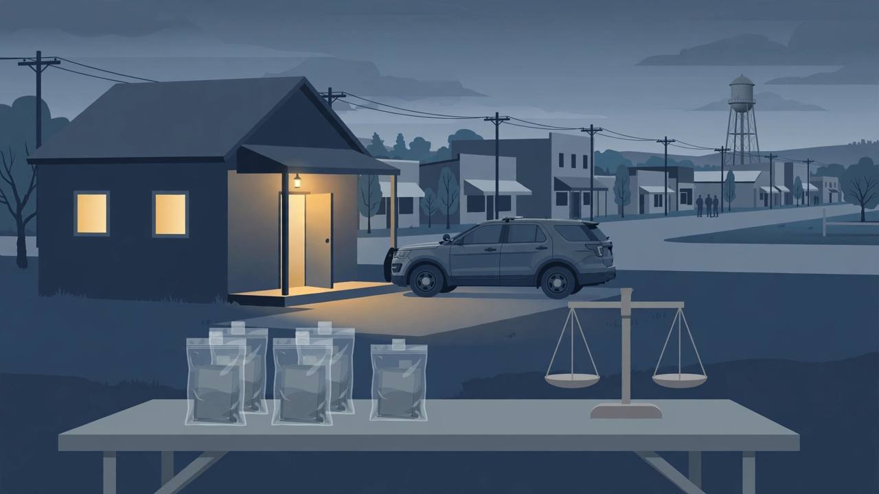 Editorial illustration of a small rural Illinois sheriff's office at dusk with a patrol SUV, an evidence table and a small-town main street with a water tower
