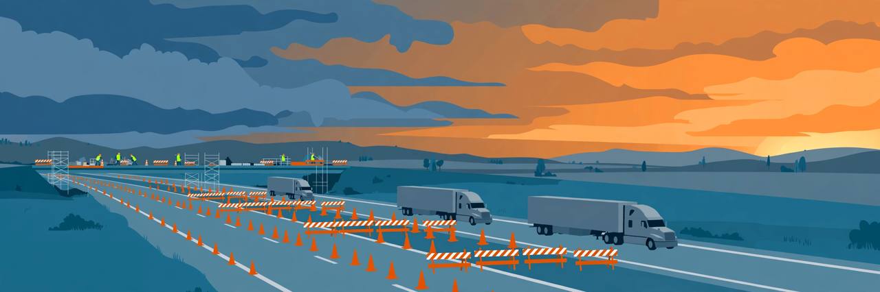 Editorial illustration of semi-trucks merging into a single open lane on an interstate highway work zone at dusk, flat style, no real person