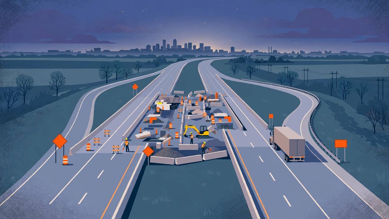 Editorial illustration of an interstate highway work zone at dusk, with two westbound lanes splitting around concrete barriers and a semi truck taking the right lane toward an exit