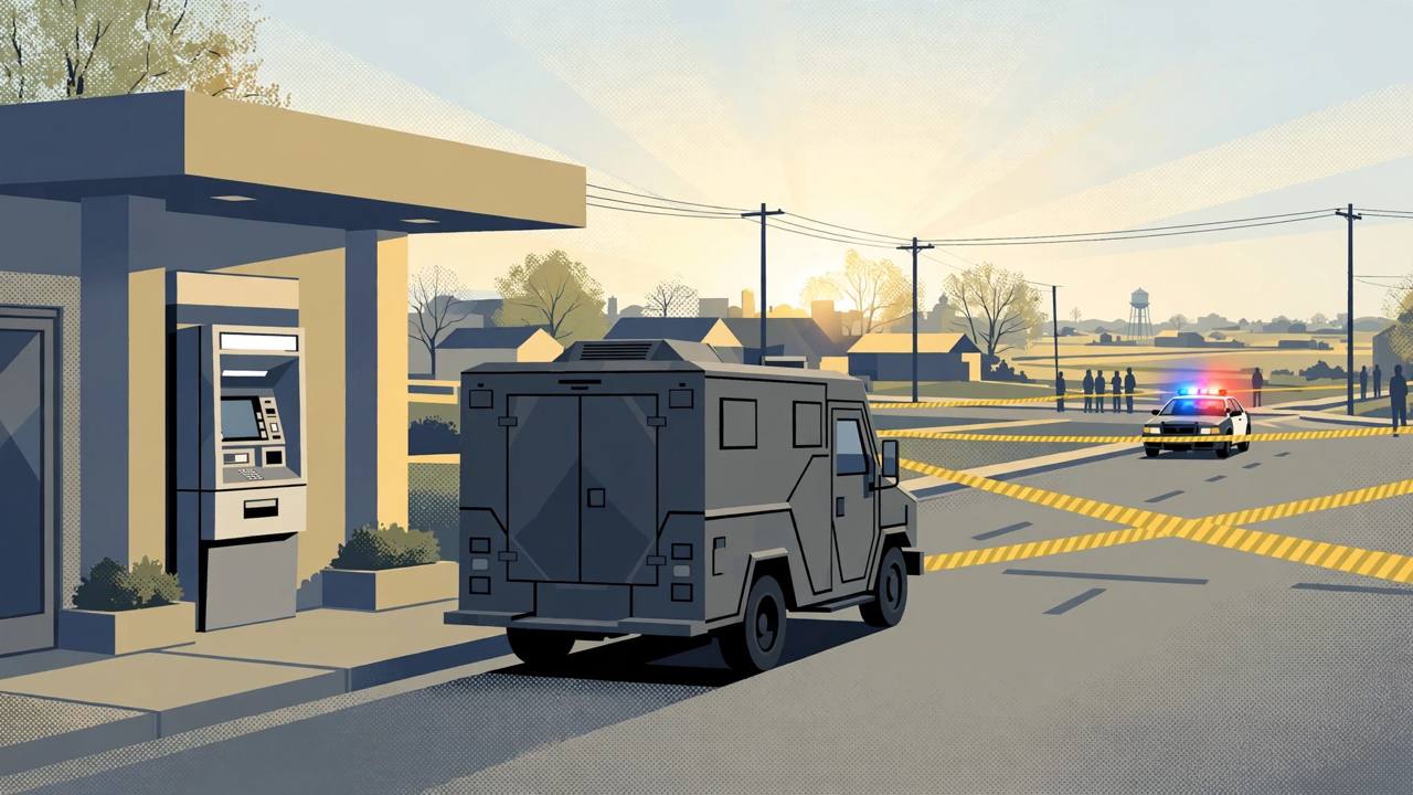 Editorial illustration of a suburban bank ATM on a main road in Illinois in the morning, with an armoured cash van, police tape and a police car in the distance