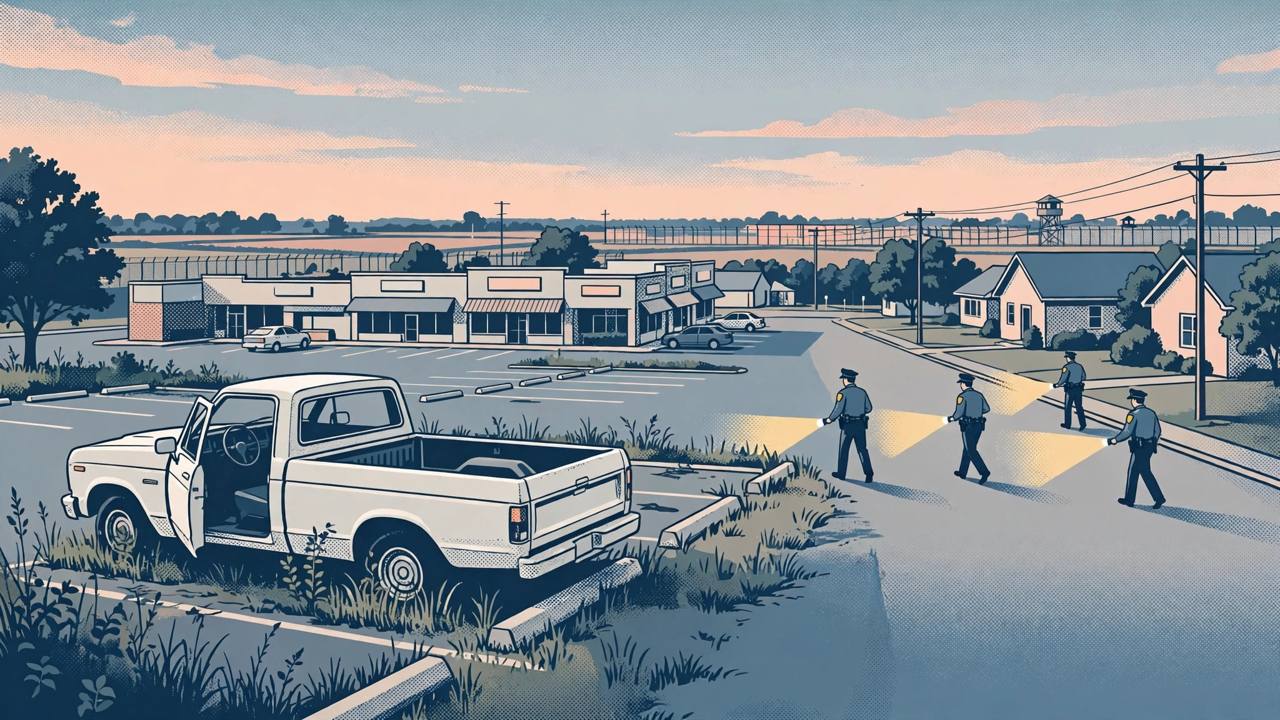 Editorial illustration of a white pickup truck abandoned behind a small-town shopping centre in southern Illinois at dawn, with generic police officers searching nearby streets with flashlights
