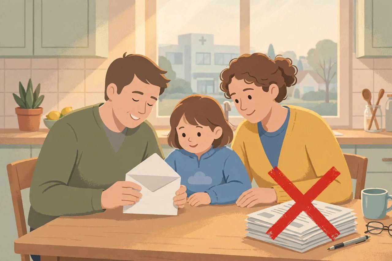 Editorial illustration of a generic family in Illinois opening a letter at their kitchen table while a stack of medical bills sits crossed out beside them — no real person's face