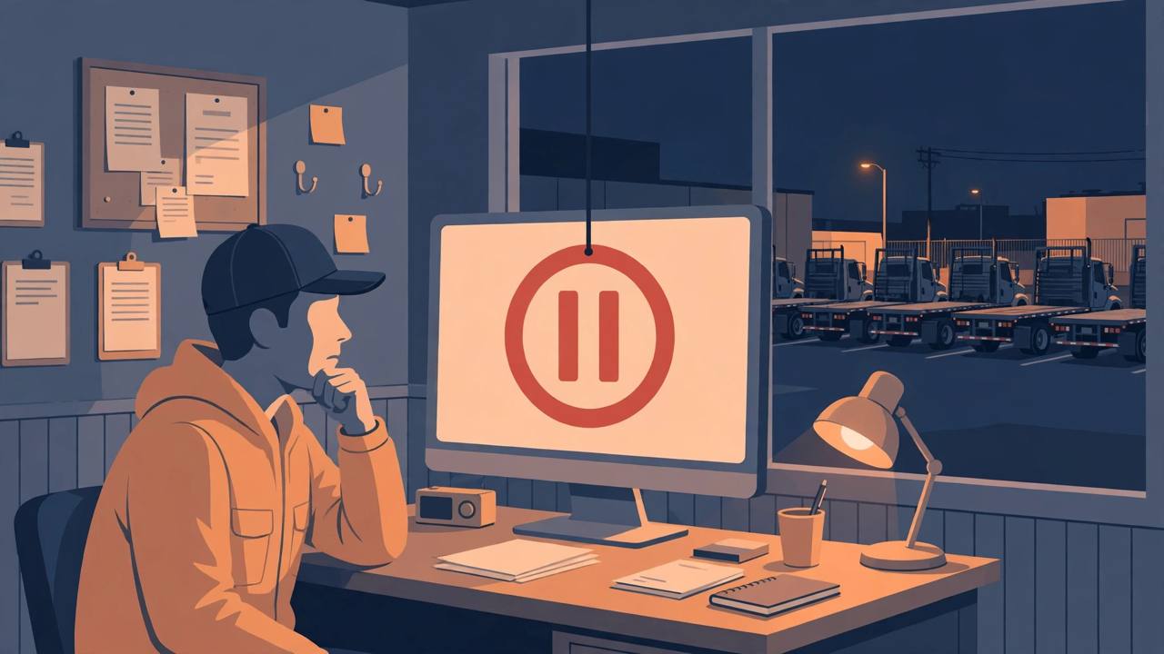 Editorial illustration of a trucking company owner looking at a computer screen showing a suspended status symbol, with flatbed trucks parked outside at night