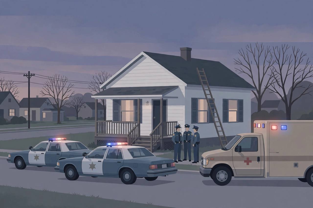 Editorial illustration of a small-town Illinois house at dusk with sheriff's patrol cars and an ambulance outside and deputies standing near the porch, a ladder leaning toward the roof. (Editorial illustration)