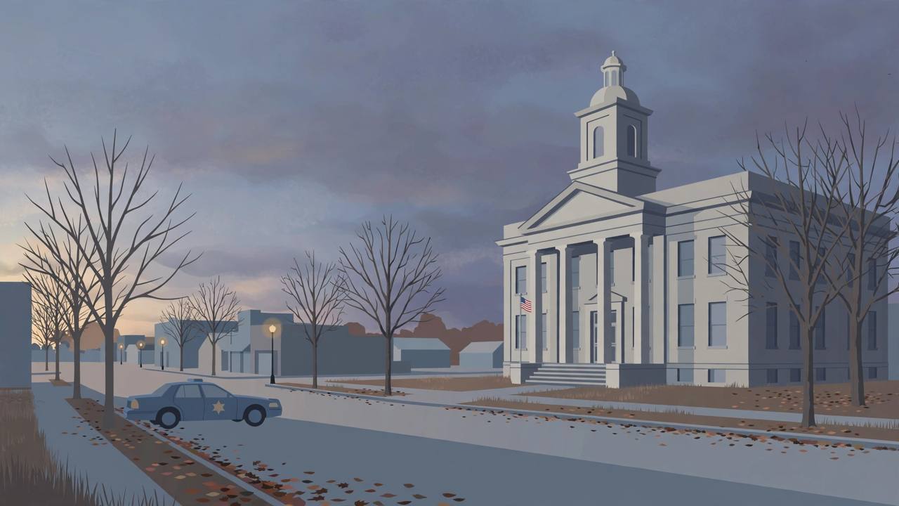 Editorial illustration of a small-town Illinois county courthouse at dusk with a sheriff's patrol car parked on a quiet street