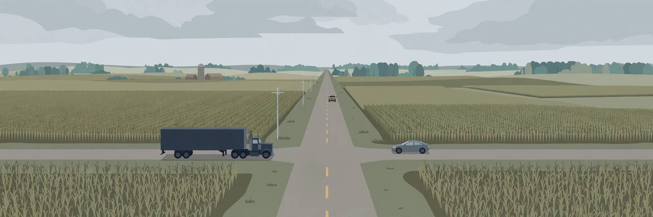 Editorial illustration of a quiet rural Illinois intersection with cornfields, a semi truck and a car stopped apart, flat style, no crash depicted and no real person shown
