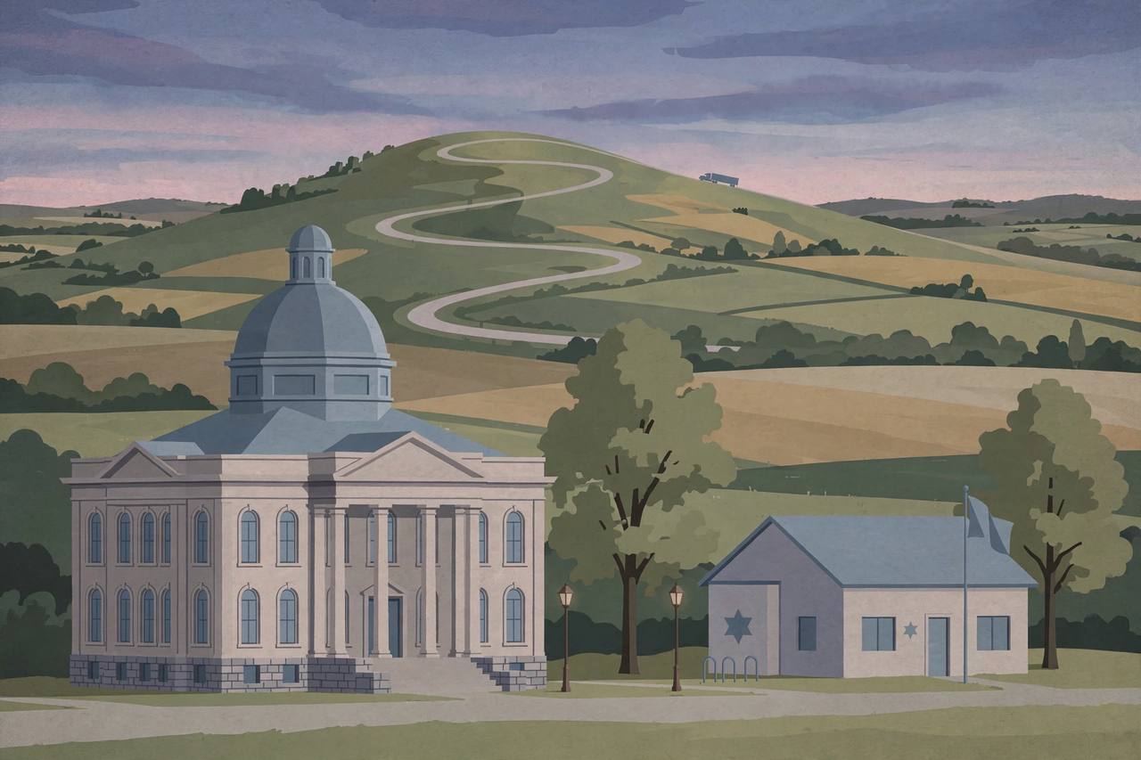 Editorial illustration of a small-town Illinois courthouse at dusk with a quiet rural highway over a hill in the background