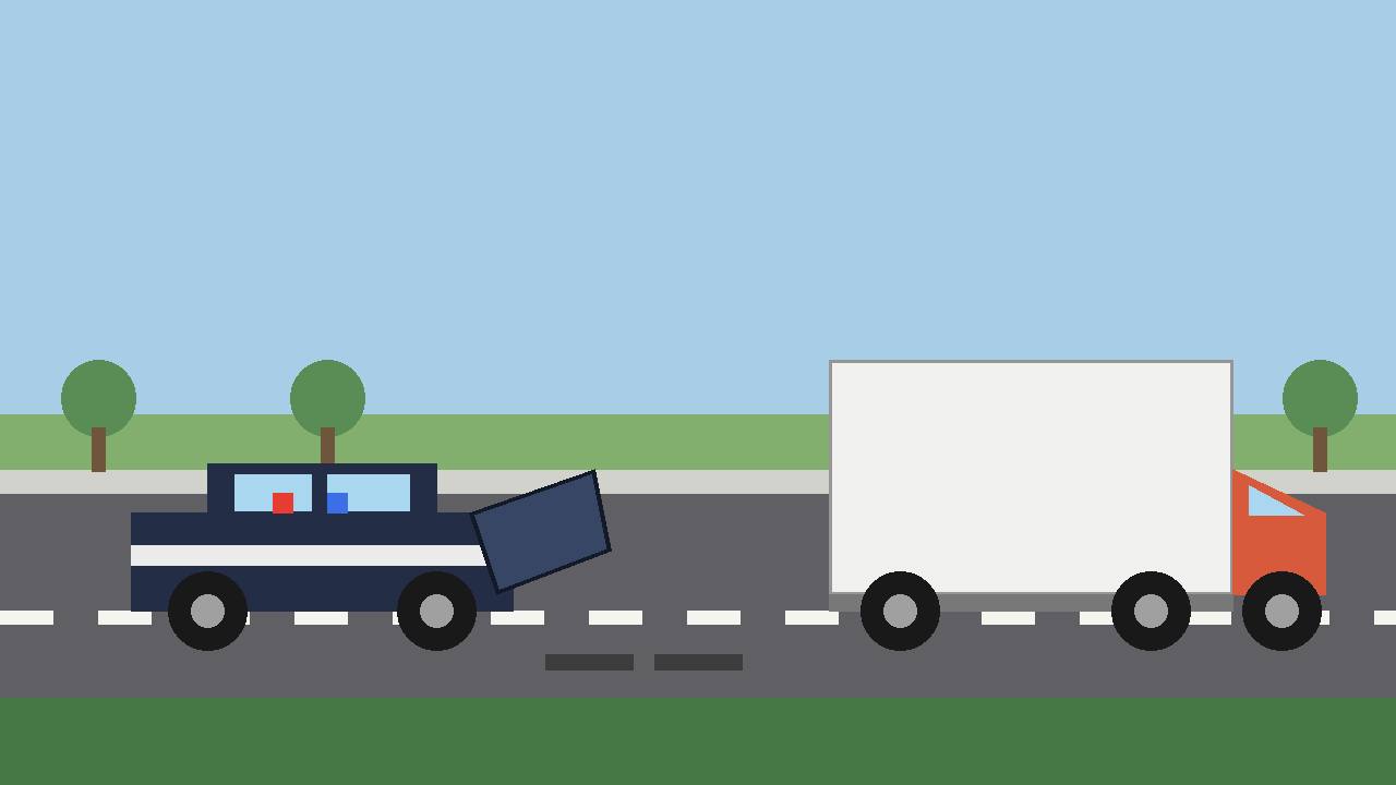 Editorial illustration of a state police car with a damaged open door on a highway shoulder beside portable truck scales, as a generic box truck passes, flat style, no real person depicted