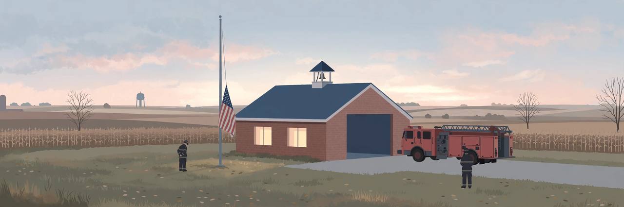 Editorial illustration of a quiet Illinois fire station at dawn with a flag at half-staff, flat style, no real person depicted