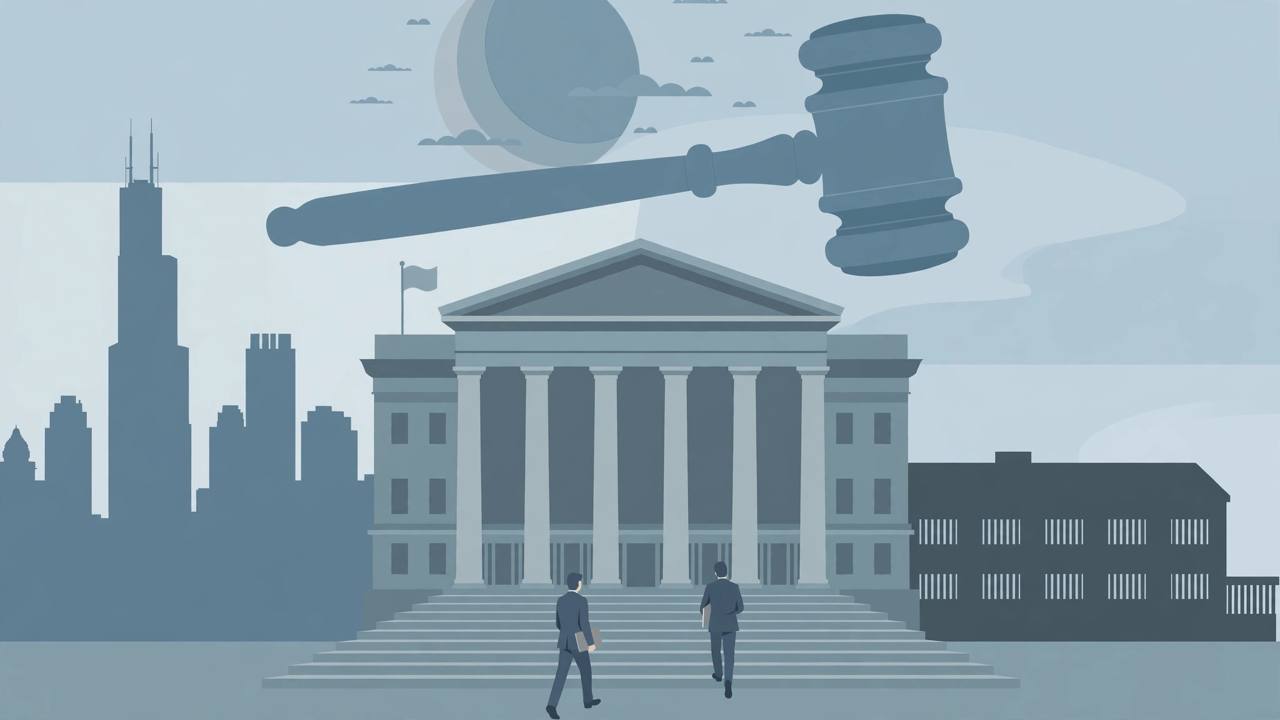 Editorial illustration of a federal courthouse in Chicago with generic lawyers carrying folders up its steps