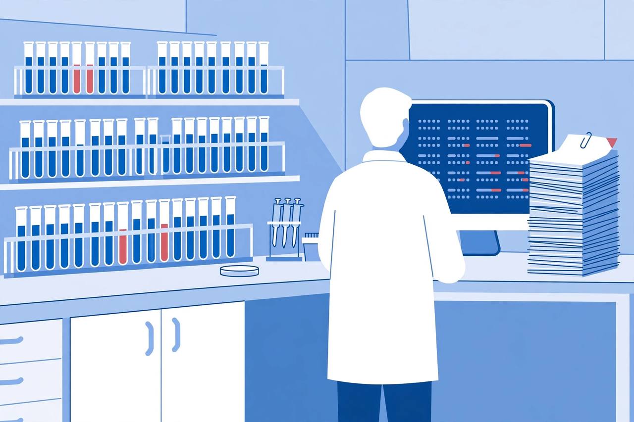 Editorial illustration of a medical laboratory with rows of test tubes, a generic figure in a lab coat seen from behind, and a stack of billing documents
