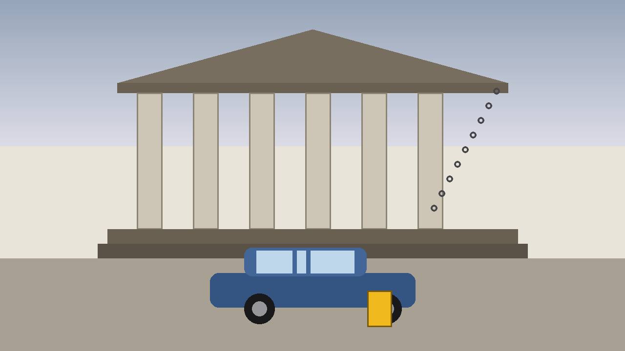 Editorial illustration of a courthouse and an impounded car with a wheel boot, flat style, no real person depicted