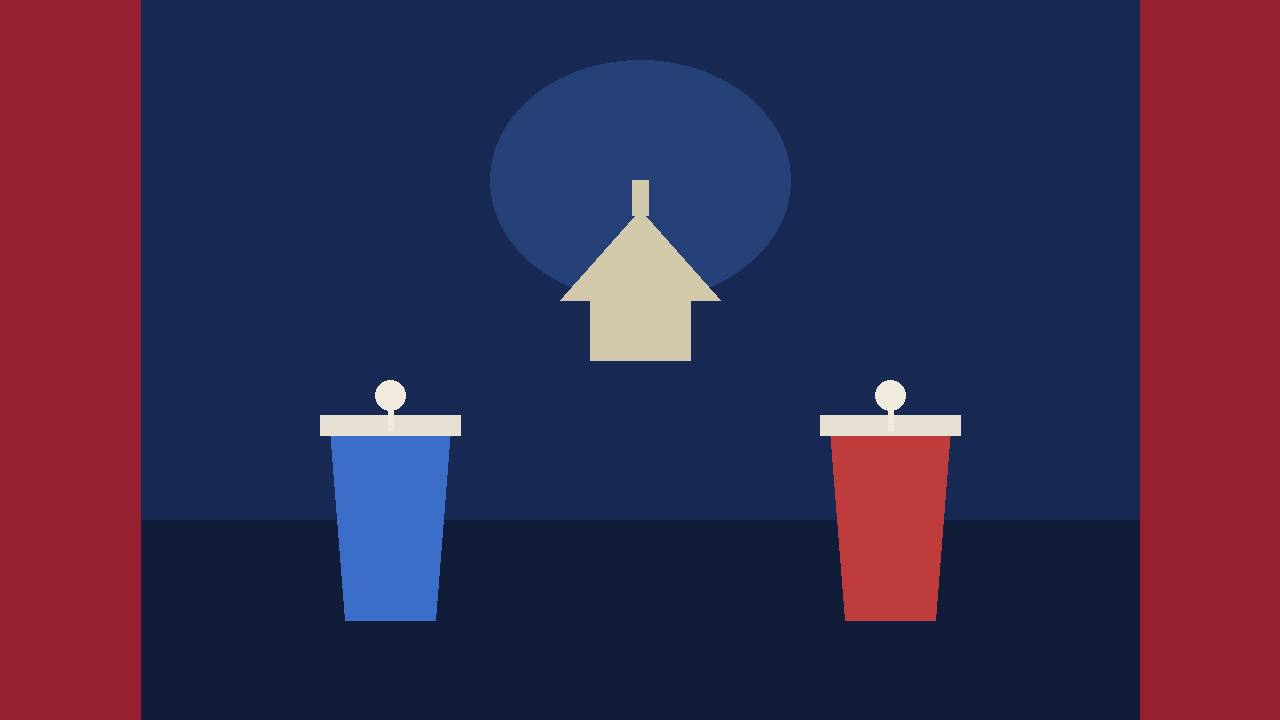 Editorial illustration of a television debate stage with two empty podiums and a capitol dome behind them, flat style, no text, no real people