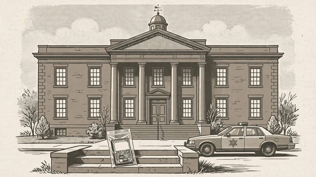 Editorial illustration of a generic county courthouse with a sheriff patrol car and a hard drive in an evidence bag, flat style, no person, no text