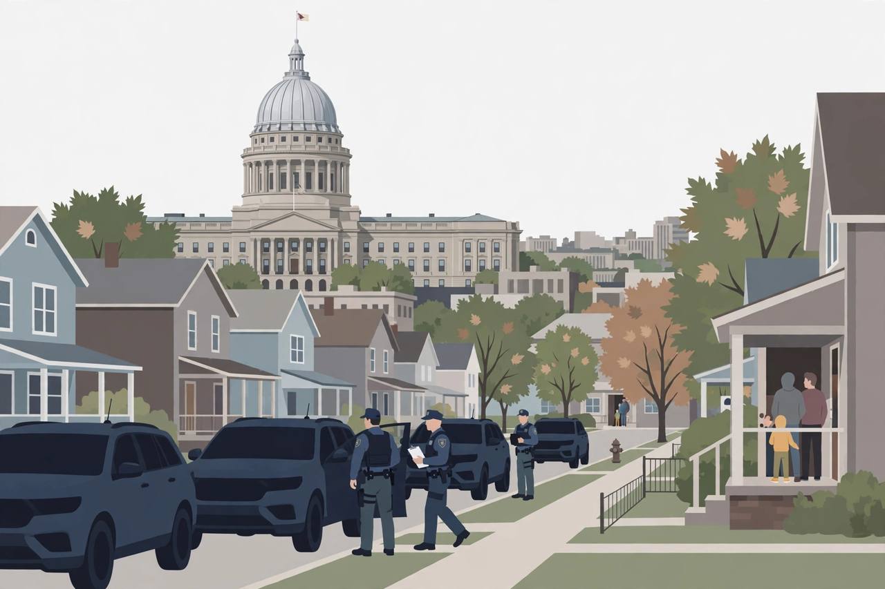Editorial illustration of federal immigration officers on a Springfield, Illinois street with the state capitol dome in the background (Editorial illustration)