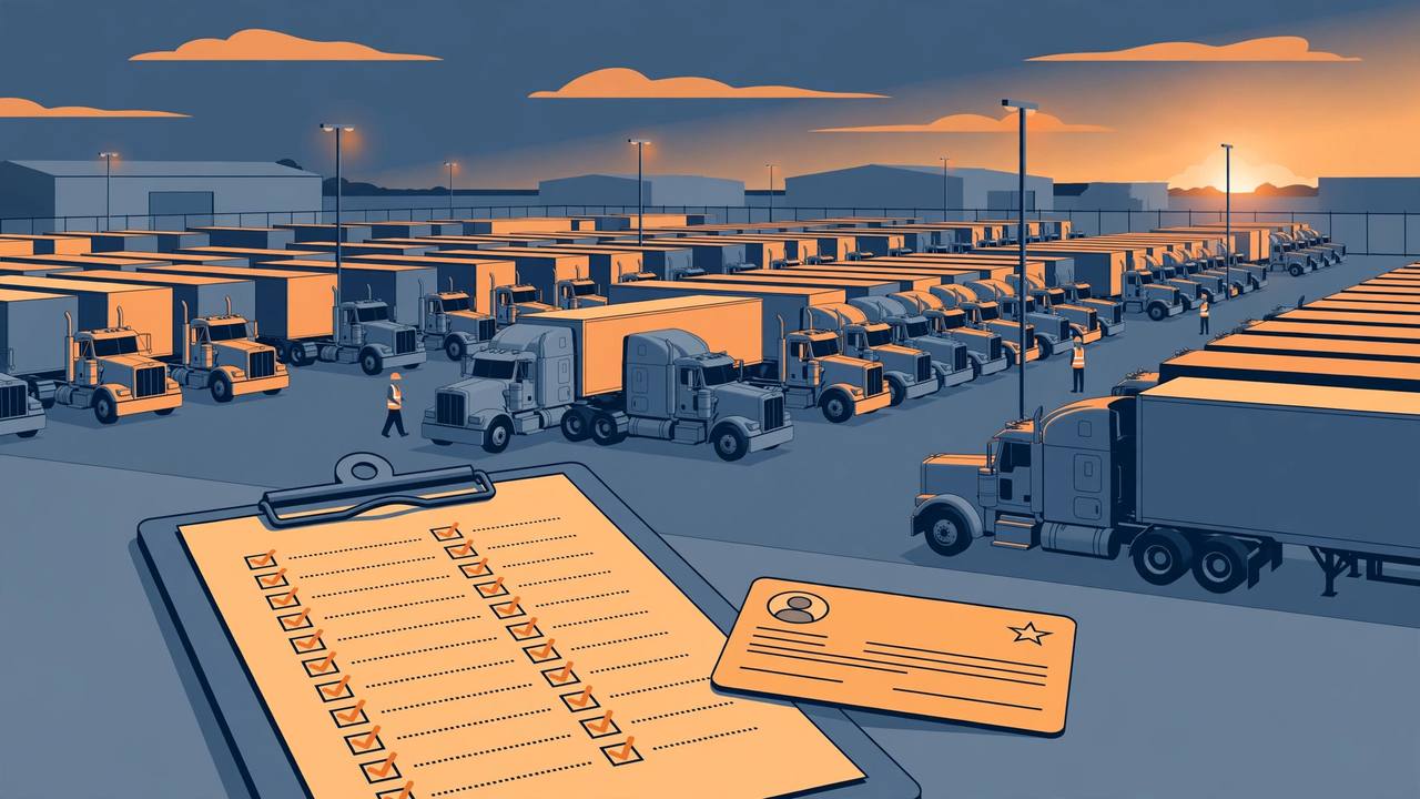 (Editorial illustration) A truck leasing yard at dusk with rows of semi tractors and trailers, a clipboard checklist and a commercial driver's licence card in the foreground.