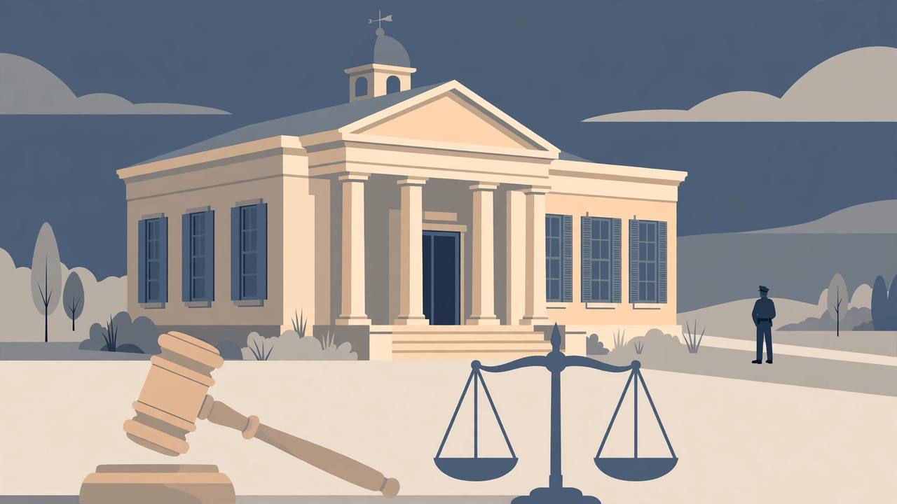 Editorial illustration of a small county courthouse with columns, a gavel and scales of justice, and a distant generic police silhouette