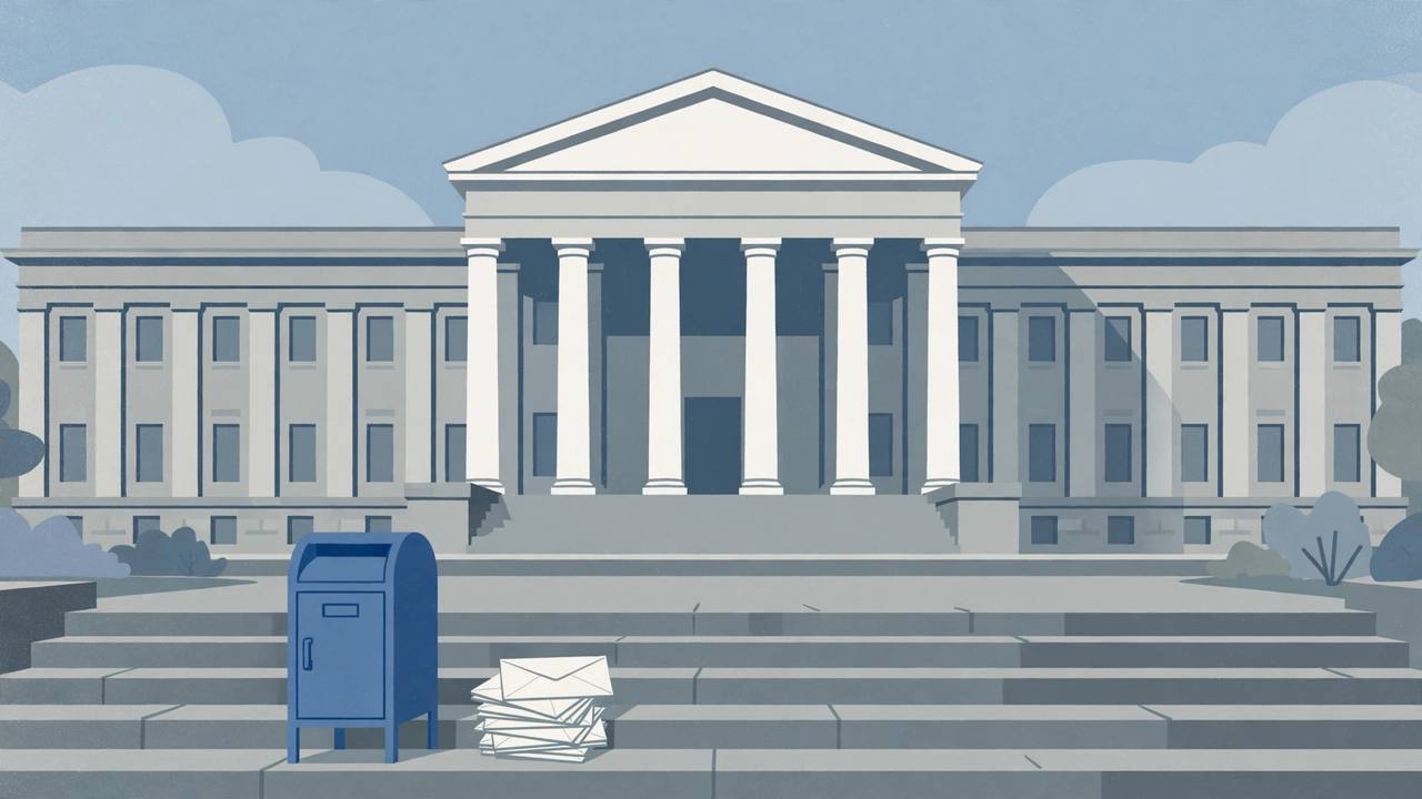Editorial illustration of a generic federal courthouse with a blue postal mailbox and a stack of plain sealed envelopes on its steps, flat style, no person, no text