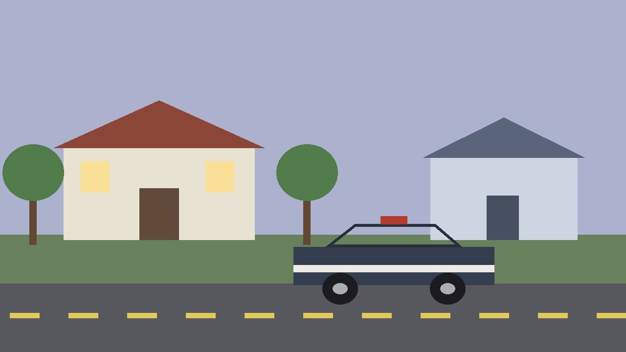 Editorial illustration of a generic residential street at dusk with houses and a police car, flat style, no real person or place, no text