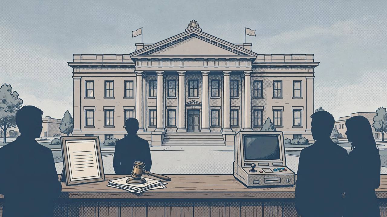 Editorial illustration of a courthouse with a gavel, a framed licence document and a video gaming terminal in the foreground