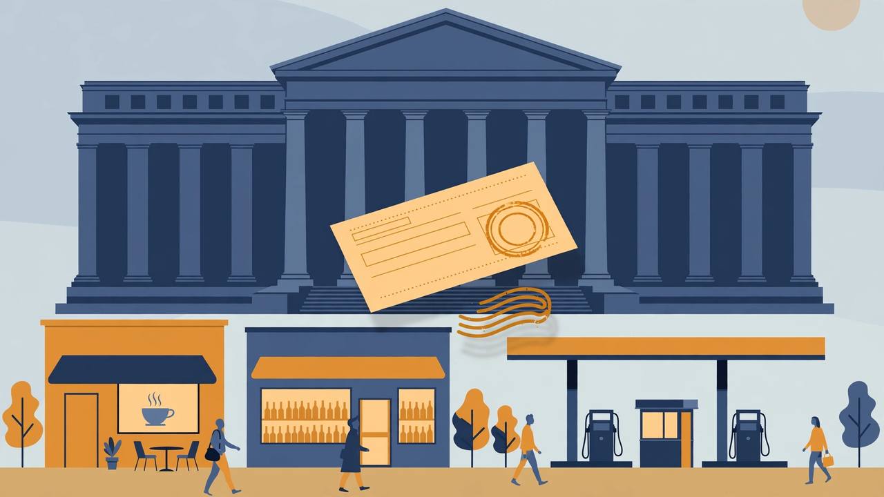 Editorial illustration of a generic federal courthouse in Chicago, a small main street with a coffee shop, liquor store and gas station, and a stamped visa document, no people faces and no text
