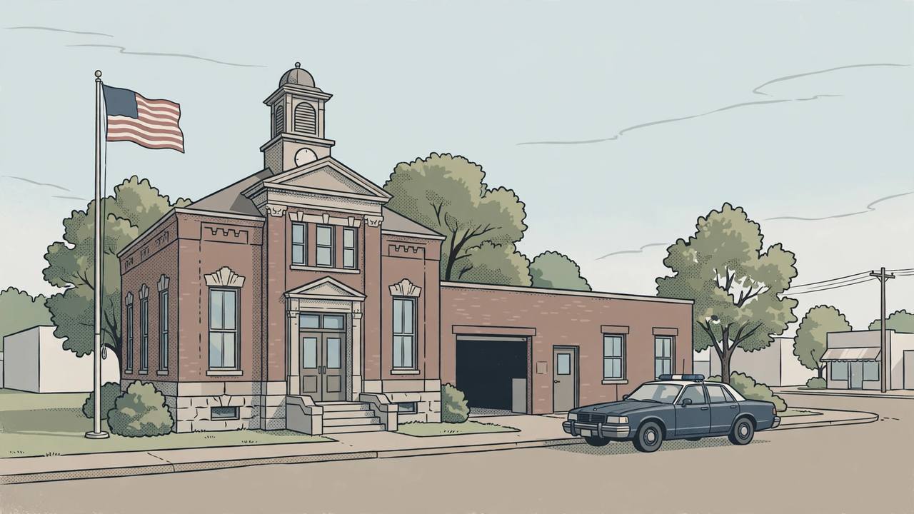 Editorial illustration of a small-town Illinois courthouse and police building with a patrol car parked outside, a quiet street and an American flag