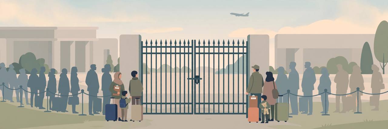 Editorial illustration of families with suitcases waiting in a long queue at a closed consulate gate, with an airplane in the sky, flat style, generic figures, no text