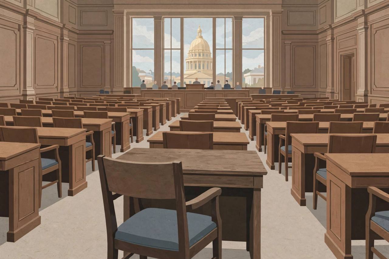 Editorial illustration of a generic state senate chamber with a vacant seat in the foreground, flat style, no text, no real person depicted
