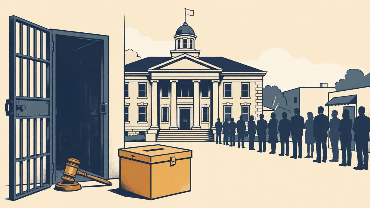 Editorial illustration of an Indiana courthouse, a ballot box, a gavel and an open jail-cell door with voters queuing