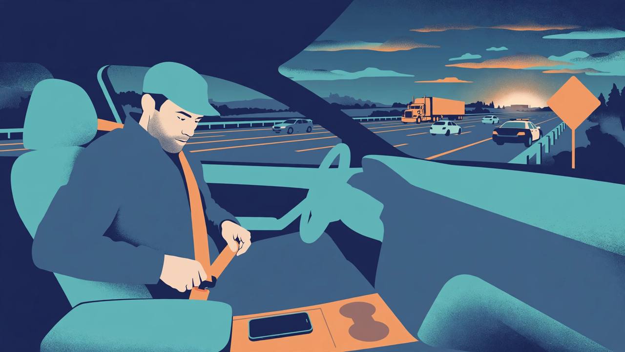 Editorial illustration of a driver fastening a seatbelt with a smartphone face-down in the console, a semi truck, cars and a state police car on an Indiana interstate at dusk