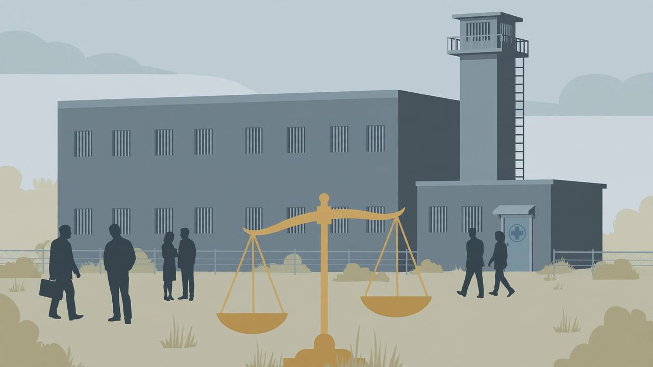 (Editorial illustration) A grey detention facility with barred windows and a watchtower, a golden balance scale of justice in the foreground and a medical-cross door on a side building, with generic silhouetted figures outside the fence.