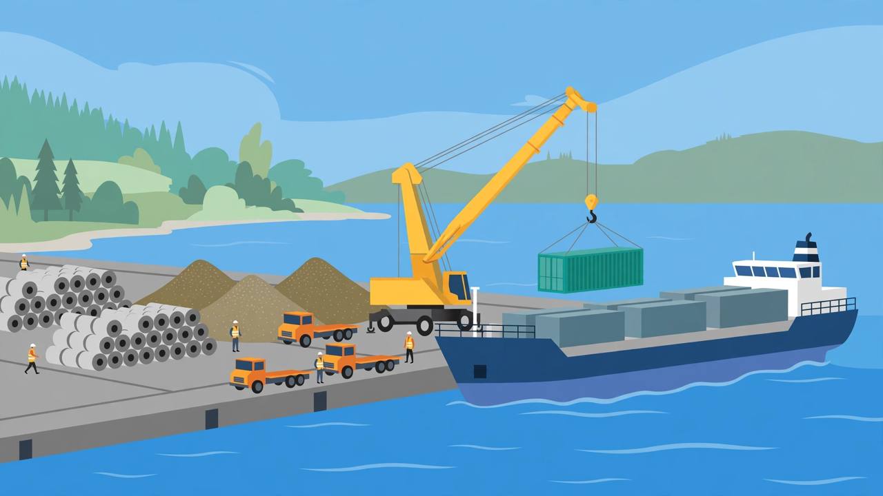 Editorial illustration of a mobile harbour crane lifting a container at a Great Lakes port