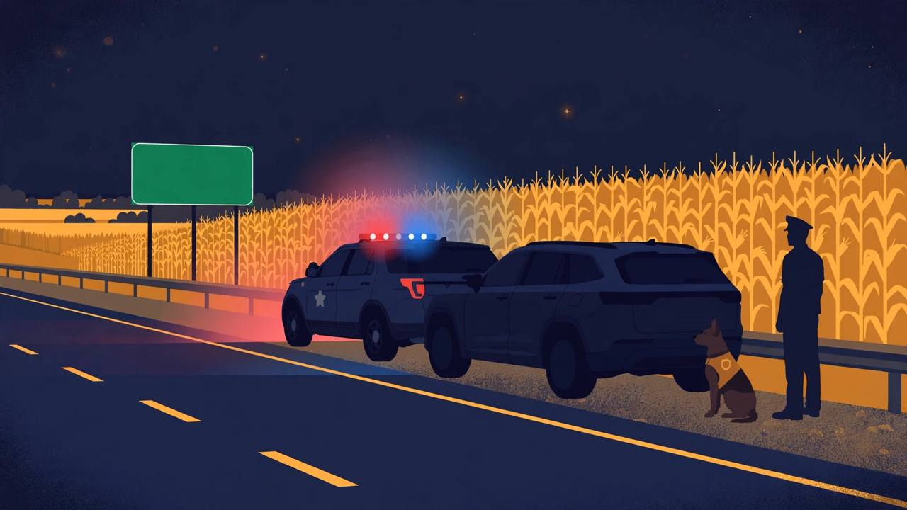 Editorial illustration of a night-time Interstate 65 traffic stop in Indiana, with a police SUV, a police dog and cornfields