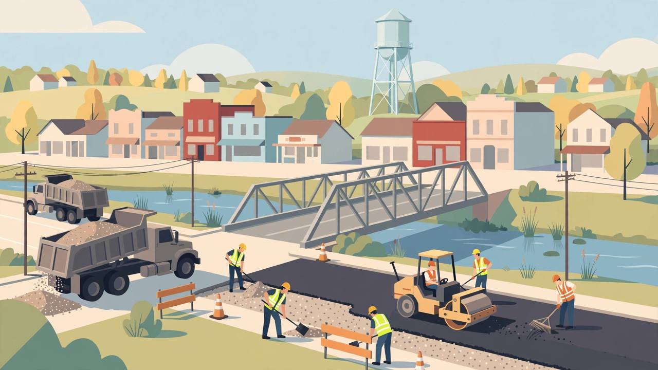 Editorial illustration of road resurfacing work and a small bridge in a small Indiana town, with construction workers and dump trucks