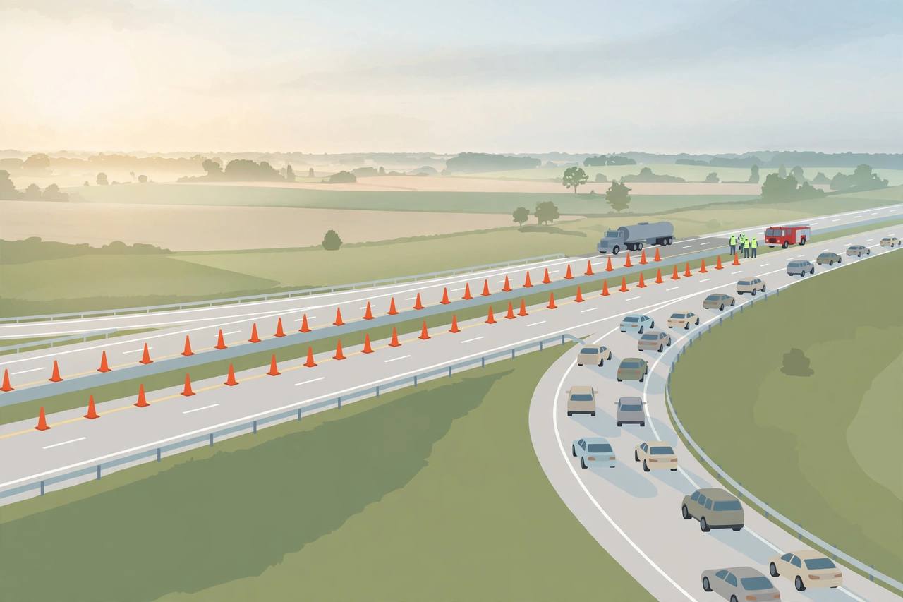 Editorial illustration of an Indiana interstate in morning light with traffic diverted past orange cones, a tanker truck and a fire truck at a distance; no crash depicted