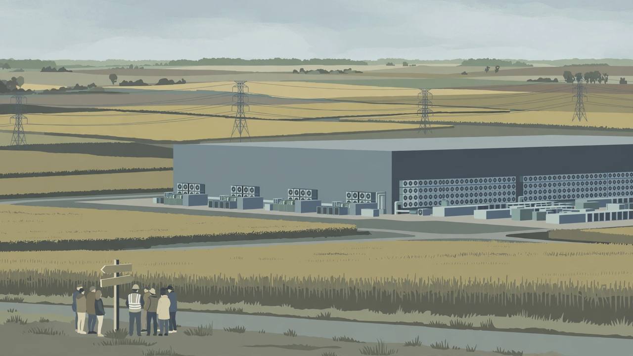 Editorial illustration of a large data centre beside Indiana farmland and power lines, with generic local figures looking on, flat style, no real person depicted