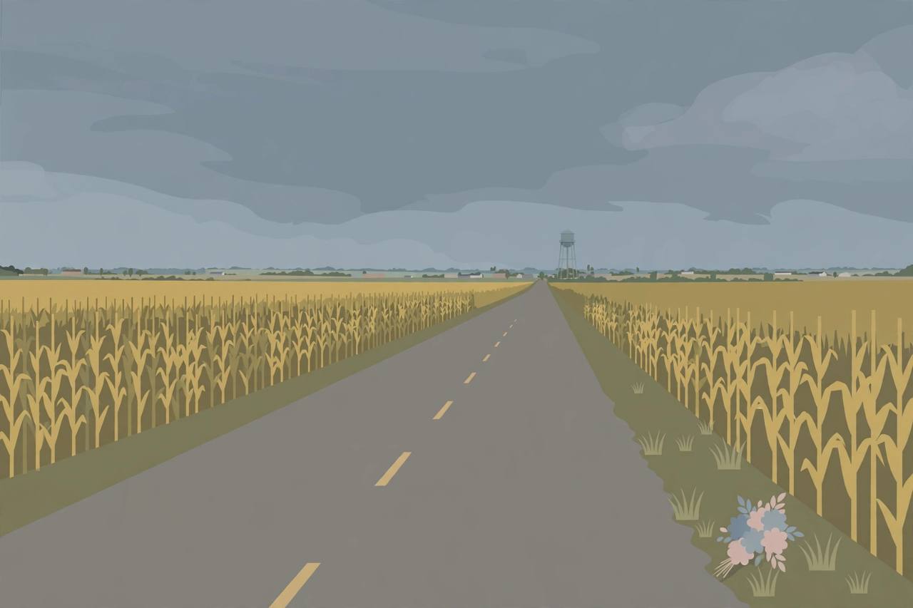 Editorial illustration of a quiet rural two-lane Indiana highway at dusk between cornfields, with a small bunch of flowers at the roadside and no people, vehicles or crash depicted